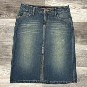 Vintage Y2K Mudd Mid Wash Blue Womens 7 Midi Pencil Front Slit Faded Denim Skirt